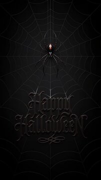 Spooky black widow spider with Happy Halloween gothic lettering on spider web