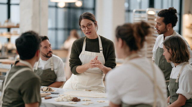 A pastry instructor demonstrates cookie rolling techniques to a small class on national cookie day inside a bright culinary studio, students in matching aprons gathered around a