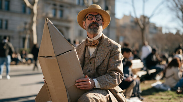 An eccentric man dressed in full Victorian explorer costume standing beside a cardboard spaceship in a busy city park pretending to be a time traveler on pretend to be a time
