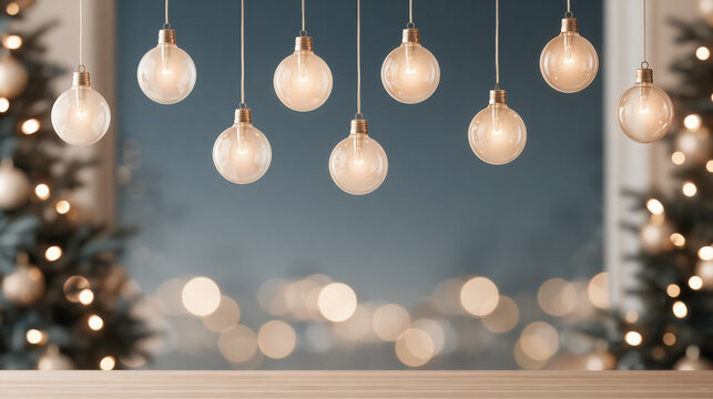 Hanging glass light bulb decoration holiday warm glow blurred background night scene cozy festive bokeh light winter season