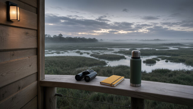 Balcon d&rsquo;observation des oiseaux au-dessus d&rsquo;une zone humide paisible
