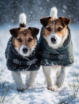Two Jack Russell Terriers wear coats walking through snowy field. Dogs trot through snowstorm during winter. Snowflakes dust their fur and faces creating frosty outdoor scene.