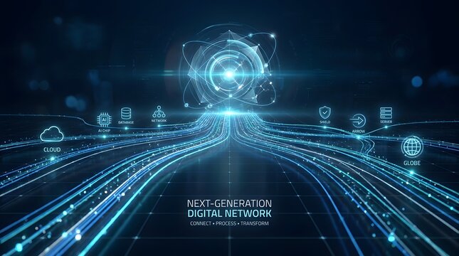 Next Generation Digital Network Concept with Glowing Data Streams, Cloud Computing and AI Technology