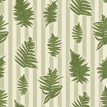 Natural seamless pattern with green fern leaves. Wild forest bracken frond on striped background. Woodland print for fabric, wallpaper or wrapping paper