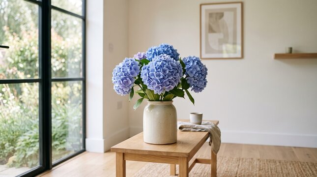 Ceramic vase with fresh blue hydrangeas arranged on wooden side table in bright minimalist living space