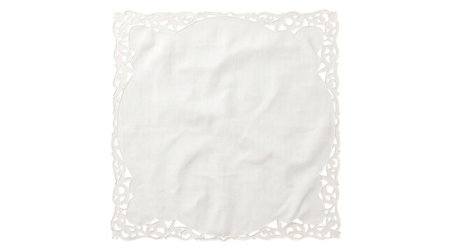 White square doily with scrolling cutwork border on a transparent background