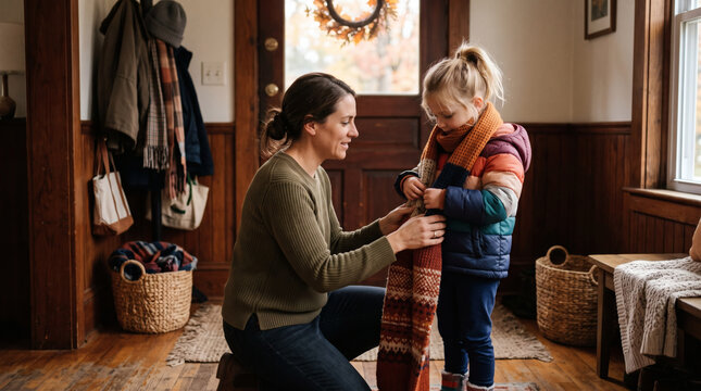 Mother helping young daughter putting on warm scarf in cozy wooden hallway interior at home before going outside during autumn season