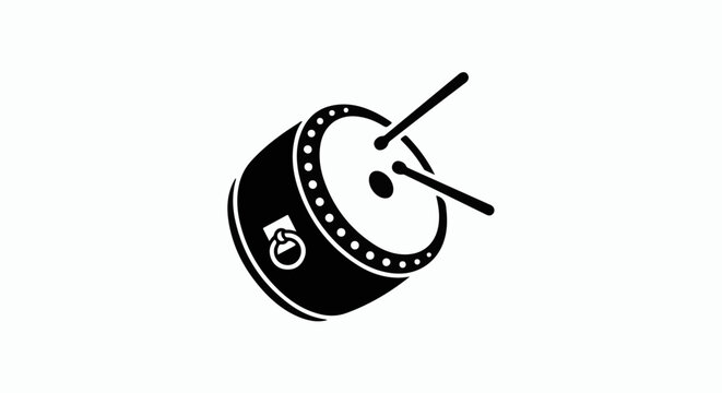 Traditional Chinese drum vector illustration featuring minimalist black shapes and bold outlines representing cultural musical percussion instruments for graphic design projects