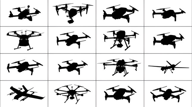 Collection of Modern Quadcopter and Drone Silhouettes on White Background