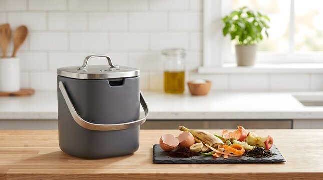 Sleek dark compost bin with organic food scraps on a modern kitchen counter.