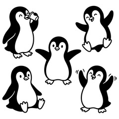 Fototapeta premium Cute cartoon penguin characters set in black and white hand drawn doodle style. vector illustration