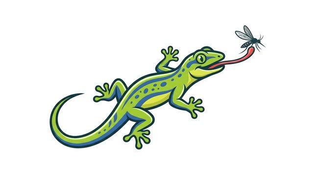 Cartoon vector illustration of a bright green gecko lizard with blue stripes catching a flying mosquito with its long red tongue, isolated on a white background.