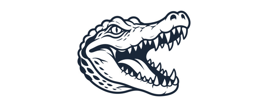 Aggressive alligator head mascot illustration with open jaws and sharp teeth.