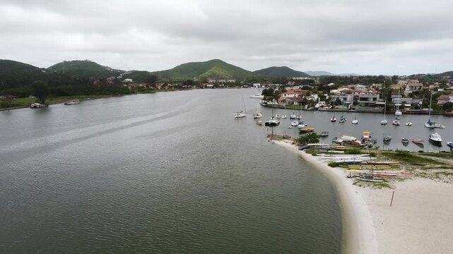 Drone footage aerial view Itajuru Canal, Cabo Frio, Rio de Janeiro state, Brazil