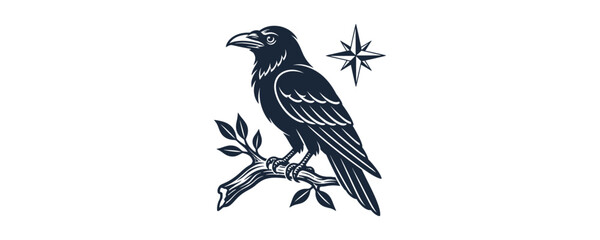 Obraz premium Vintage black raven illustration perched on a branch with celestial star symbol.
