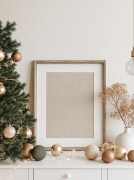 Christmas frame mockup, holiday decor, gold ornament, green tree, light garland, modern interior festive scene