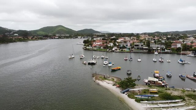 Drone footage aerial view Itajuru Canal, Cabo Frio, Rio de Janeiro state, Brazil