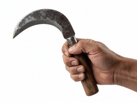 Hand grips old celurit sickle tool. Curved metal blade attached to wood handle used for harvesting crops. Traditional farm implement isolated on white.
