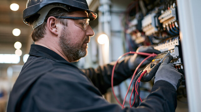 Side view profile of a male electrician wearing a hard hat and safety glasses testing voltage on an industrial electrical panel with a multimeter.   