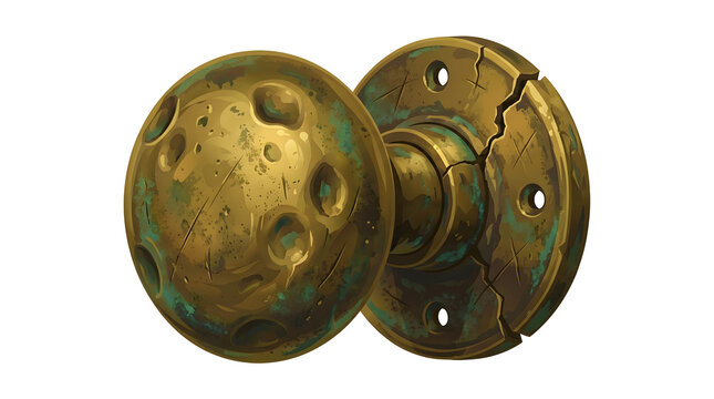 Aged brass doorknob with moon surface crater texture and cracked green patina backplate is perfect for vintage home hardware and game environments.