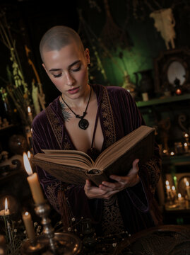 Vertical portrait of a bald woman reading an old spellbook in a candlelit room. Witch in a purple velvet robe practicing magic in a dark apothecary