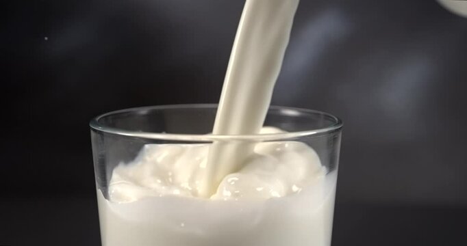 Milk pouring into glass with splash in slow motion close up black background