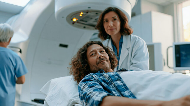 Male patient lying on a treatment couch under a linear accelerator with a female doctor standing beside him in a radiotherapy clinic.   