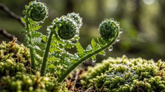 Close-up of unfurling fern fronds covered in dew drops on mossy forest floor
