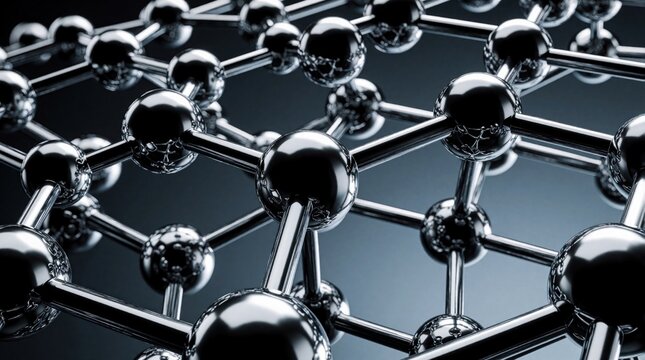 Close-up view of a 3D molecular lattice structure. Metallic spheres linked by rods form a repeating geometric pattern. Shows complex atomic connection and arrangement in scientific research.