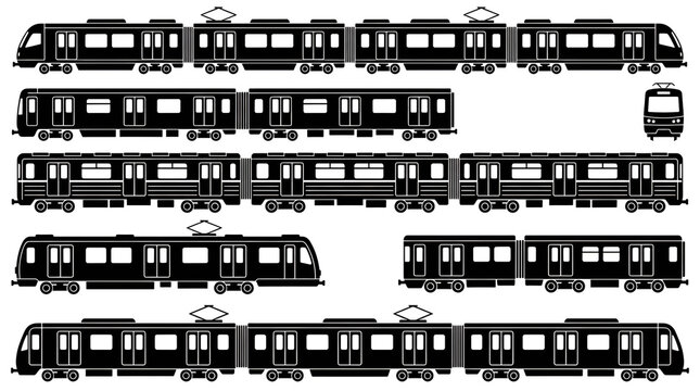 Set of Metro and Subway Train Silhouettes Isolated on White Background