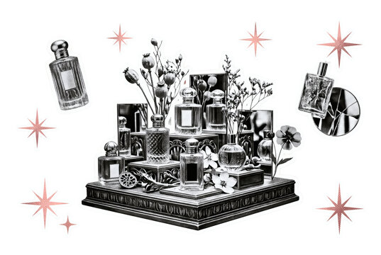 Luxury cosmetic perfume bottles display stand on transparent background, elegant glass fragrance flacons on ornate podium with starburst sparkles. Commercial promotion creates presentation.