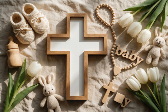 Baby baptism setup with cross, rosary, booties, bunny toy, bottle, and tulips. Christian celebration for new life. Neutral tones, serene mood.