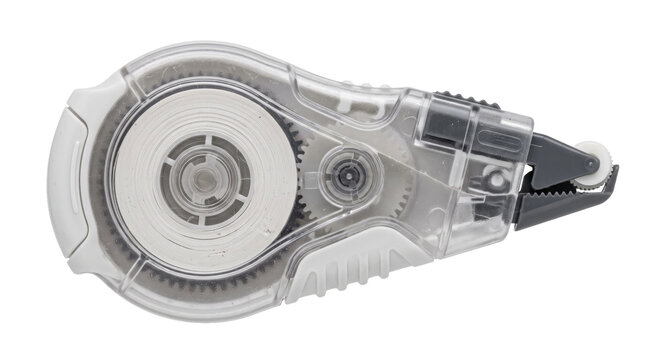 White and gray plastic correction tape dispenser, featuring a transparent casing revealing the internal mechanism, isolated on a clean white background