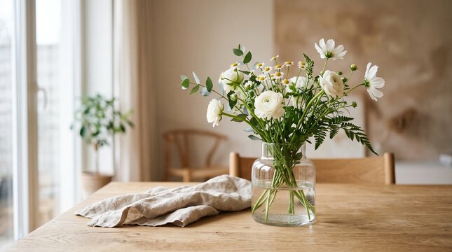 Fresh white flowers in a glass vase on a wooden table with soft natural morning light.