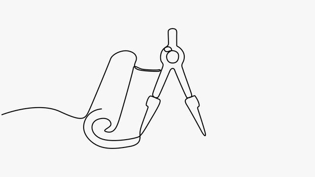 Continuous line art animation of architectural blueprint compass vector