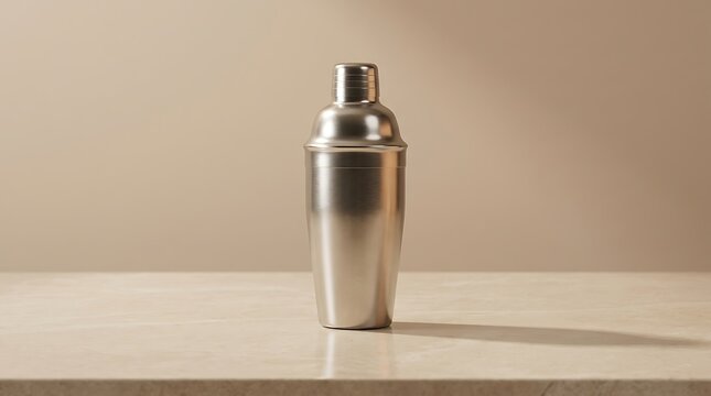 Shiny metal cocktail shaker standing on a marble table in a modern kitchen for professional bar service. cocktail shaker mockup