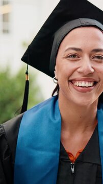 Graduation, face and woman on campus with diploma, college pride or optimism in academic achievement. Education, happy and university student with portrait, confidence and success in degree ceremony.