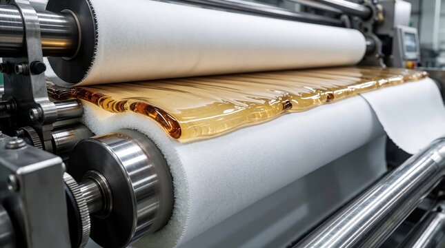 Molten hotmelt adhesive bonds fabric, foam layers in continuous roll to roll manufacturing process. Industrial machine ensures material integration, production efficiency. Advanced tech aids assembly.