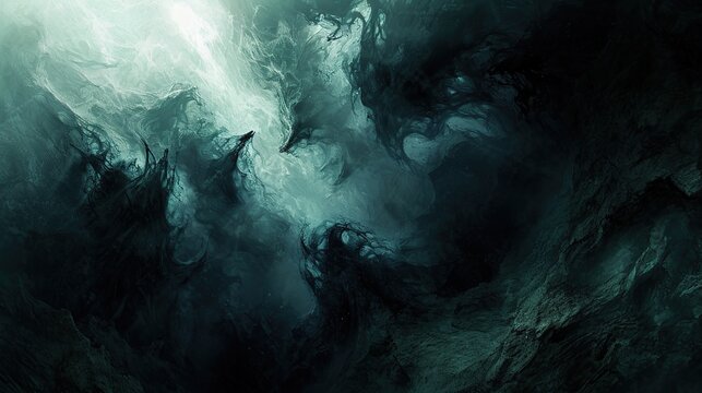 Ethereal Abyssal Chasm of Impenetrable Darkness with Mysterious Smoke Textures and Deep Emerald Light in a Vast Underwater Cave or Cosmic Void Background for Fantasy and Mystery Concepts