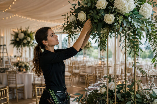 Florist arranging elegant white rose centerpieces for a luxury wedding reception