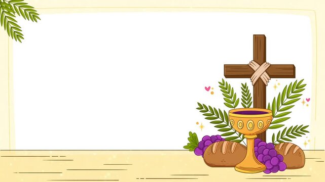 Christian Holy Communion Arrangement with Bread, Wooden Cross, Water Vessel and Green Leaves Video