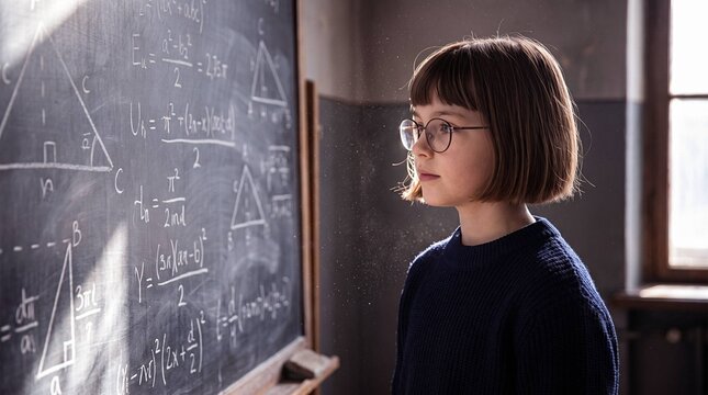 Focused Schoolgirl Looking at Math Formulas on Chalkboard