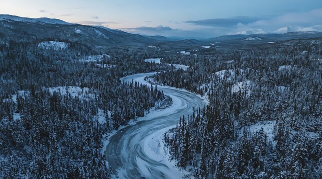 Snow-covered alpine road winding through dense evergreen forest under cloudy sky with winter landscape