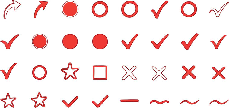 Red check mark icons and correction symbols, set of 32 vector elements for grading and feedback, hand drawn style marks for school and office use