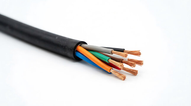 Multi-core electrical cable with exposed copper wires on white background