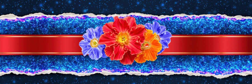 Colorful flower red ribbon blue glitter torn paper galaxy background decorative border floral design digital art cosmic