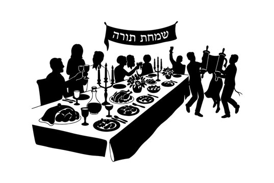 Black and white silhouette illustration of jewish people dancing and eating at a festive shabbat dinner table Vector