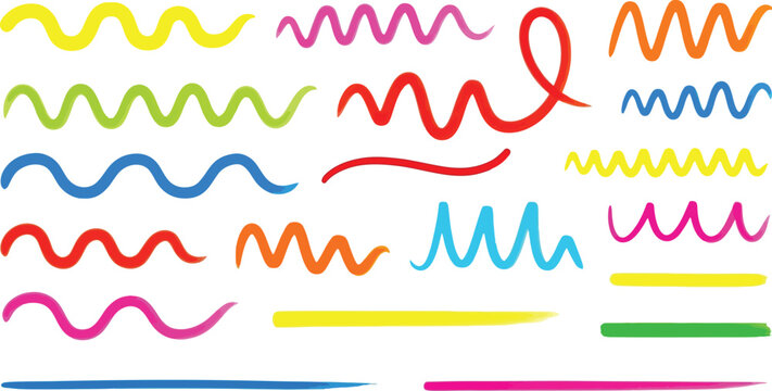Colorful wavy lines and hand drawn brush strokes, vibrant squiggle vector set, abstract decorative underline elements for graphic design