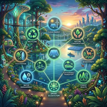Smart ecosystem sustainability infographic with icons
