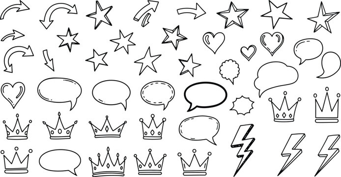Hand drawn doodle element set, black outline sketch arrows and stars, speech bubbles and crowns vector collection, decorative comic symbols